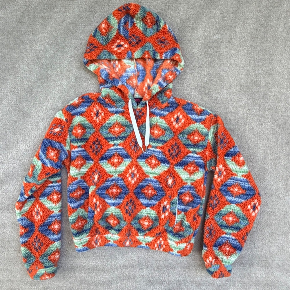 Rock & Roll Denim Womens Sherpa Hoodie Southwestern Geometric Orange Blue Medium